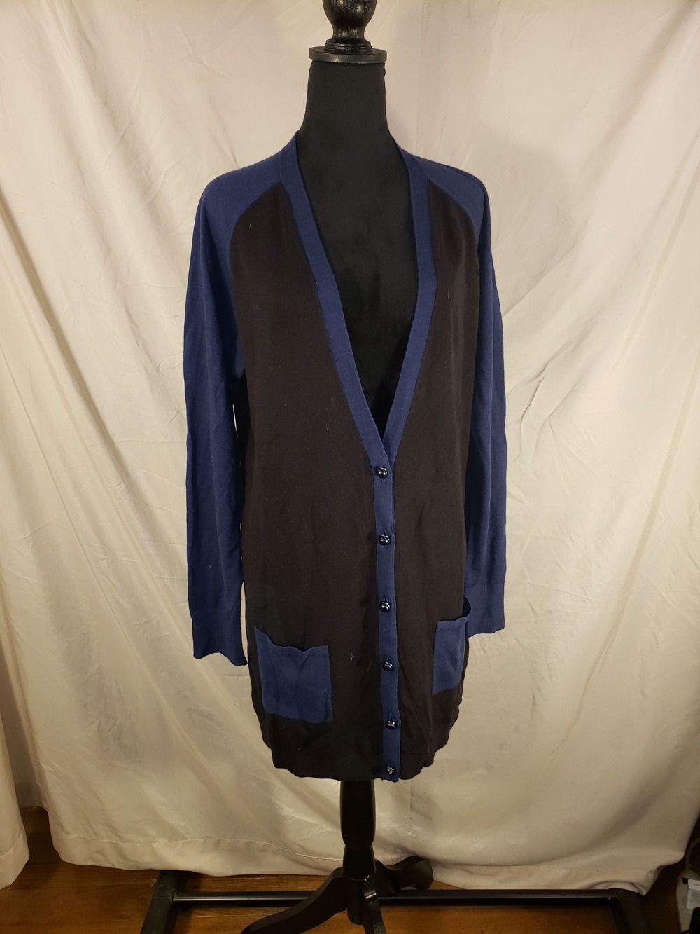Kirna Zabete Black Cardigan Sweater with Navy Trim Detail - L